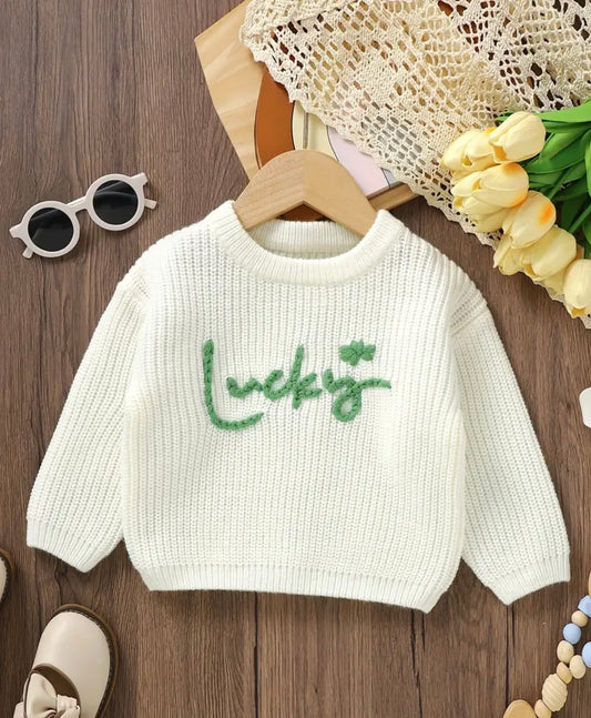 Baby's Lucky Embroidery Sweater, Cable Knit Long Sleeve Top, Toddler & Infant Girl's Clothing For Fall Winter