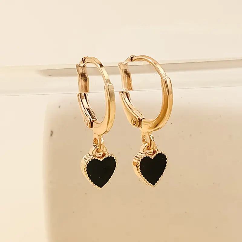 Black Enamel Heart Design Dangle Earrings Elegant Simple Style Alloy Jewelry Trendy Gift For Lovers