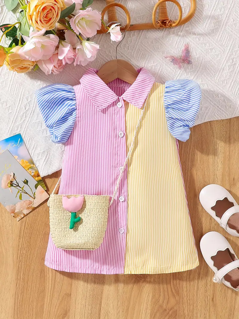 Little Baby Girls Preppy Style Summer Striped Brief Dress with Flared Umbrella Skirt and Short Sleeve - Polyester Non-Stretch Fabric, Lapel Collar, Regular Fit - Includes Matching Bag