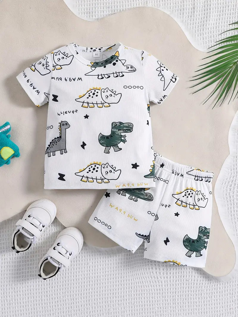 2pcs Baby Boy's Cute Dinosaur Round Neck T-shirt & Shorts Set, Child's Trendy Sweatshirt Two-piece Set