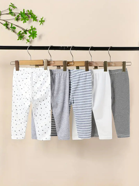 5pcs Baby Boys Soft & Elastic Trousers With Striped Style/Solid Color Style/Polka Dot Print Style, For Spring And Summer