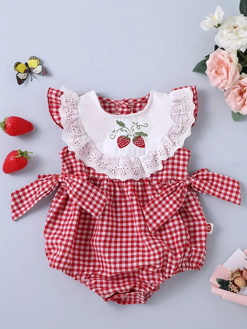 Strawberry Embroidered Bowknot Onesie - Plaid Ruffle Trim - Perfect for Everyday and Special Occasions