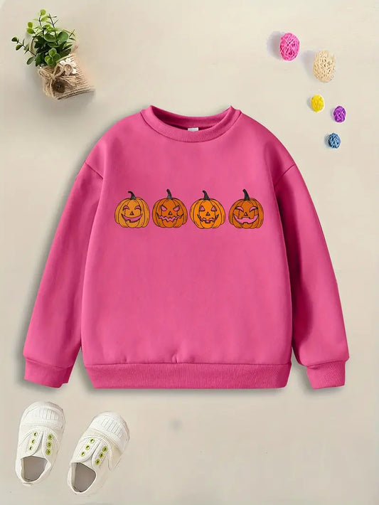 HALLOWEEN PUMPKIN Print Round Neck Sweatshirt, Comfortable Casual Pullover Top, Baby Girl's Clothing