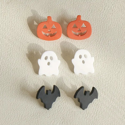 3 Pairs/ Set Halloween Stud Earrings With Horror Pumpkin Ghost Bat Design Cute Party Style Adorable Halloween Gift