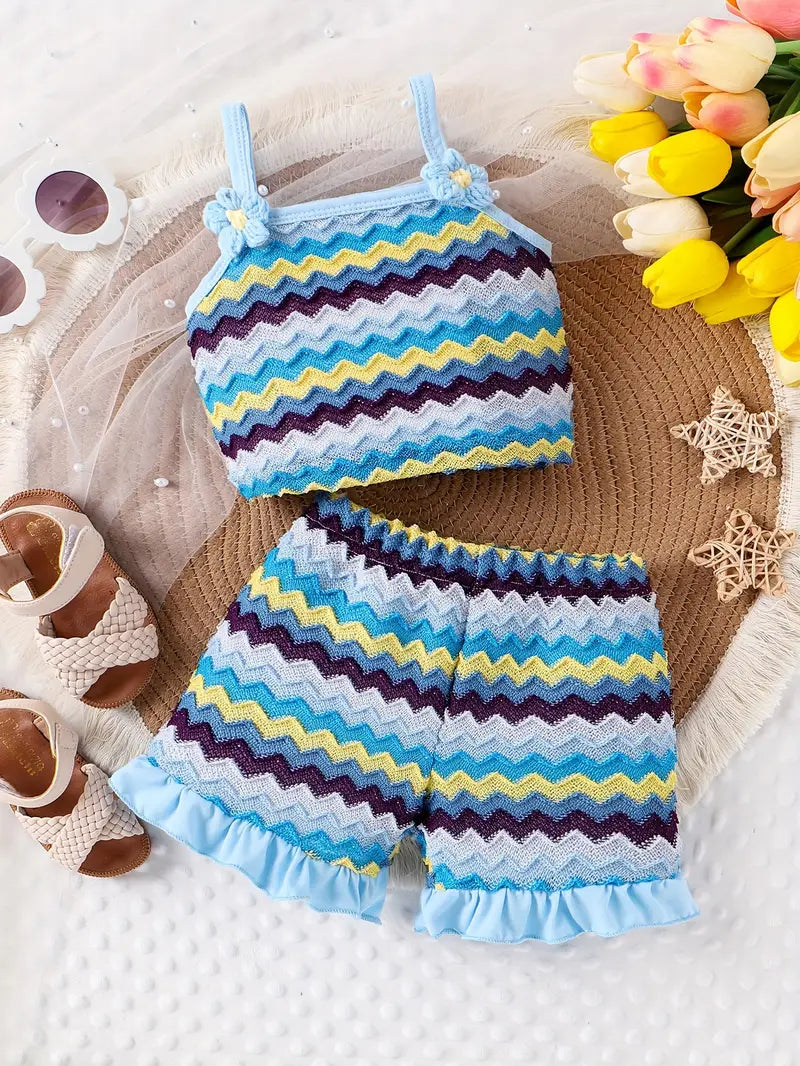 Baby's Colorful Wave Textured 2pcs Trendy Summer Outfit, Cami Top & Ruffle Trim Shorts Set, Toddler & Infant Girl's Clothes For Daily/Holiday/Party