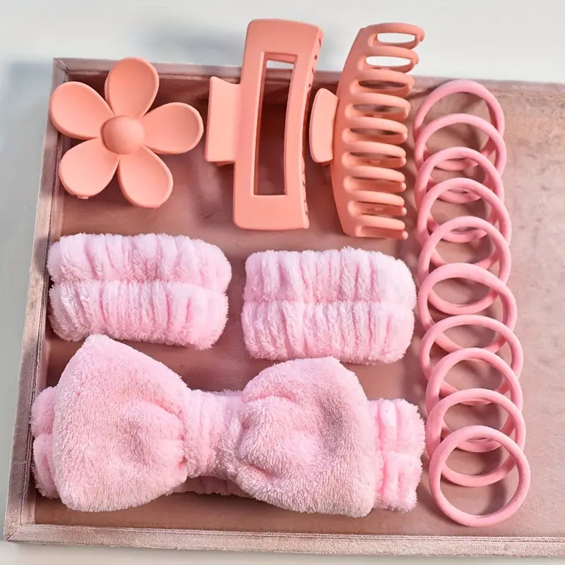 16pcs/set Hair Accessories Kit Flower Shaped Hair Claw Clip Bowknot Decorative Hair Hoop Large Hollow Out Hair Grab Clip Elastic Hair Ties Water Absorbent Wrist Towel Valentine's Day Gift