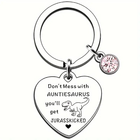 1pc Auntiesaurus Keychain Funny Dinosaur Stainless Steel Key Chain Ring Bag Backpack Charm Best Auntie Gift For Aunt