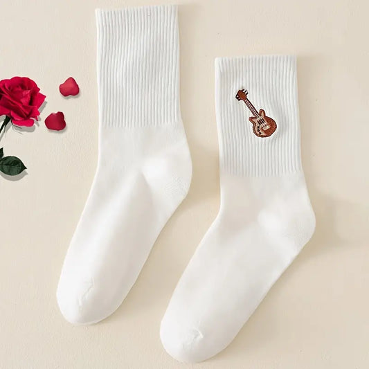 Men's Mid Calf Socks With Guitar Embroidery, Breathable And Comfortable Socks