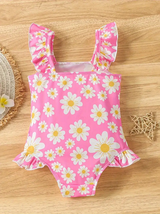 Adorable Girls 1-Piece Ruffle Daisy Print Swimsuit - sleeveless, Flirty Ruffles, Perfect for Beach & Pool Fun, Summer Ready