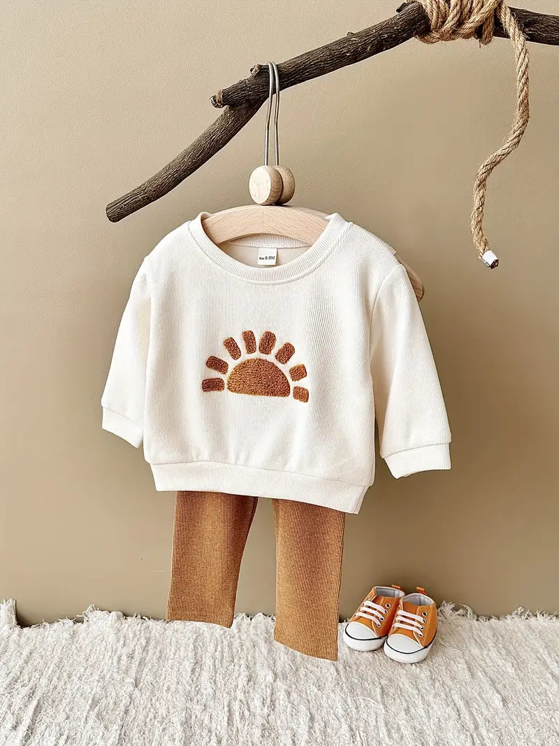 2pcs Baby's Cartoon Moon/Sun Embroidery Sweatshirt & Casual Pants, Toddler & Infant Boy's Clothing Set For Spring Fall