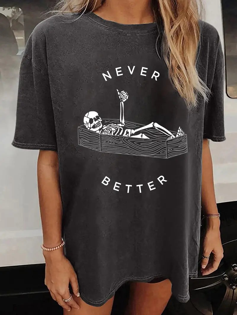 Womens Vintage Skull Print T-shirt - Halloween Casual Crew Neck - Loose Fit, Short Sleeve, Trendy & Comfortable Fashion Top - Perfect Spooky Season Style