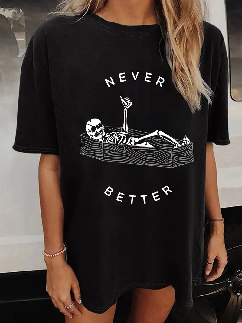 Womens Vintage Skull Print T-shirt - Halloween Casual Crew Neck - Loose Fit, Short Sleeve, Trendy & Comfortable Fashion Top - Perfect Spooky Season Style