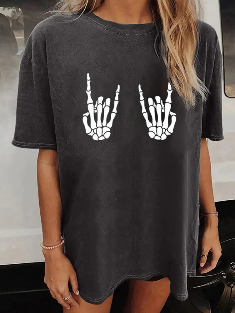 Summer Skull Print Crew Neck Short Sleeve T-Shirt - Soft Slight Stretch Polyester Fabric, Casual Loose Fit, Positioning Printing, Young Fashion Style for Women - Perfect for Halloween Party or Daily Wear