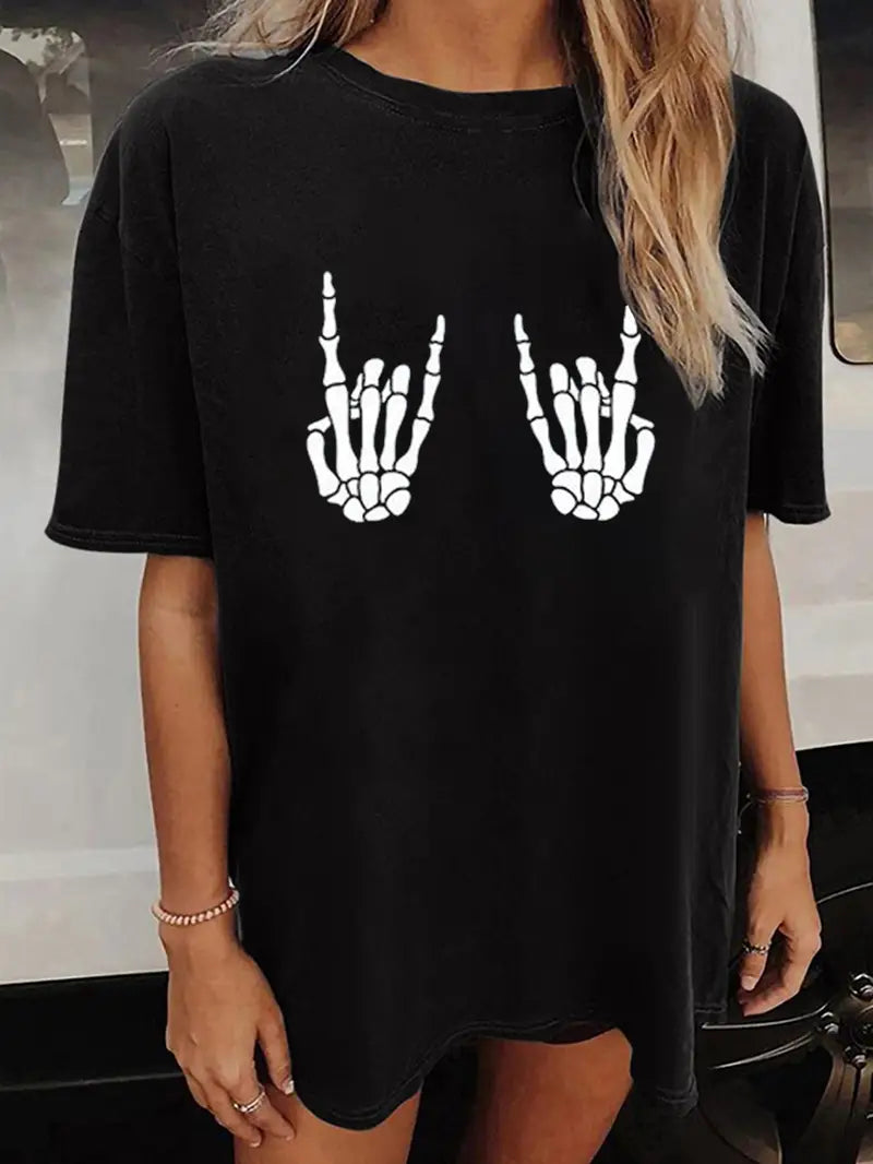 Summer Skull Print Crew Neck Short Sleeve T-Shirt - Soft Slight Stretch Polyester Fabric, Casual Loose Fit, Positioning Printing, Young Fashion Style for Women - Perfect for Halloween Party or Daily Wear