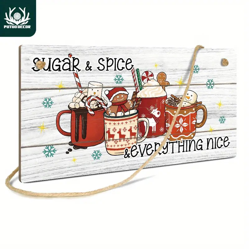 1pc Sugar & Spice Wooden Sign, Wood Hanging Plaque Wall Art Decor For Home Cafe Coffee Shop Farmhouse, 9.91 X 19.81 Cm Christmas Gifts