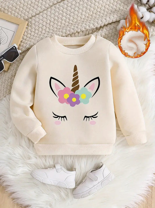 New Girls Round Neck Thread Elastic Neck Pullover Thickened Plush Sweater + Popular Printing