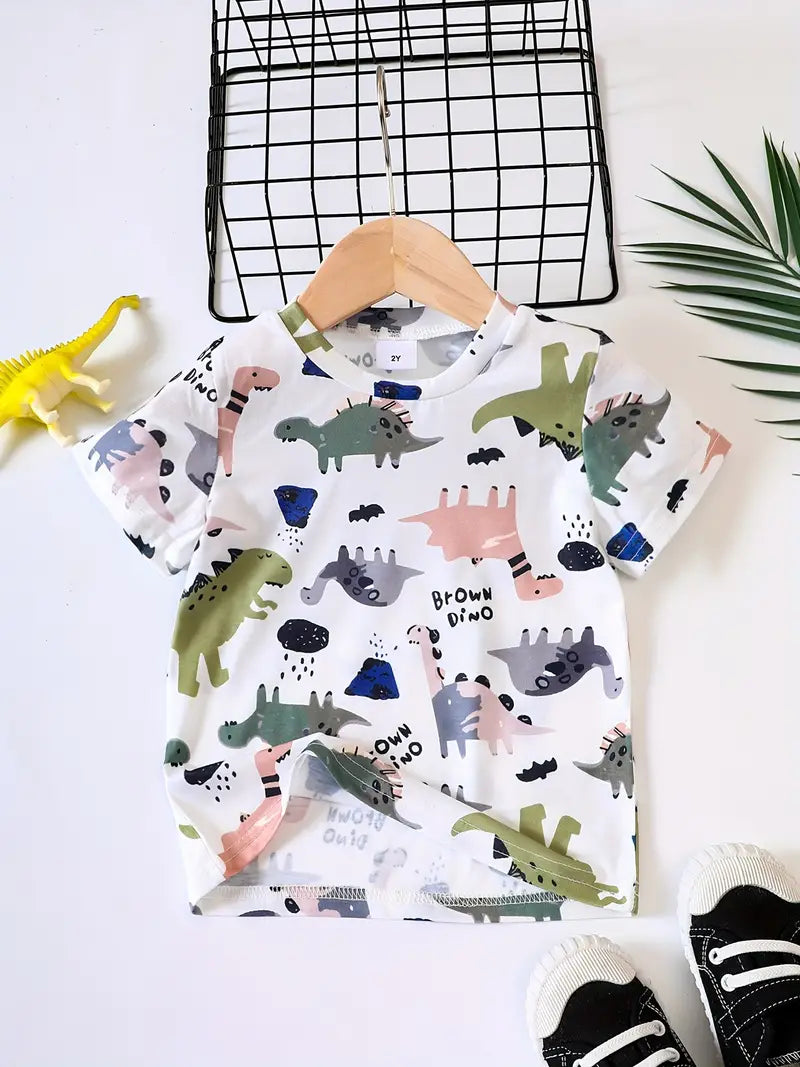 Toddler Boys Cute Dinosaur Print T-shirt Crew Neck Short Sleeve Tees, Kids Clothing For Summer