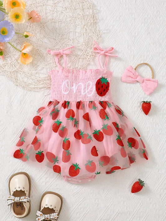 Baby's Adorable Strawberry Embroidery Shirred Sleeveless Mesh Splicing Triangle Bodysuit, Toddler & Infant Girl's Onesie