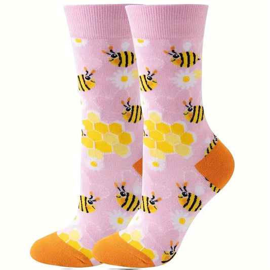 Women's Cotton Blend Knee-Length Socks with Bee and Honeycomb Pattern - 1 Pair, Cozy Knit Fabric Animal Print Socks with Hand Wash or Dry Clean Care Instruction