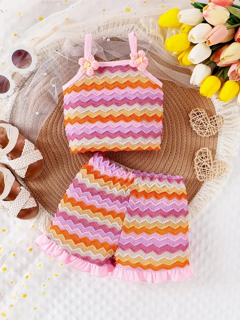 Baby's Colorful Wave Textured 2pcs Trendy Summer Outfit, Cami Top & Ruffle Trim Shorts Set, Toddler & Infant Girl's Clothes For Daily/Holiday/Party