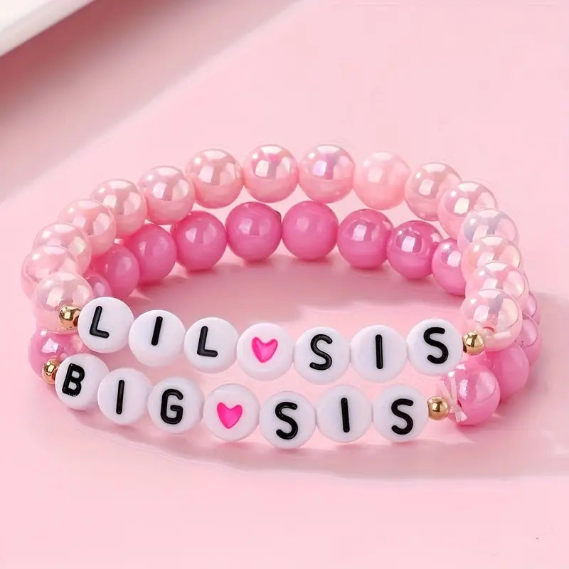 2 Sets Precious BIG SIS LIL SIS Bracelets - Colorful Acrylic Beads with Personalized Engraved Letters - Fashionable Daily Wear for Girls - A Cherished Sibling Bonding Accessory