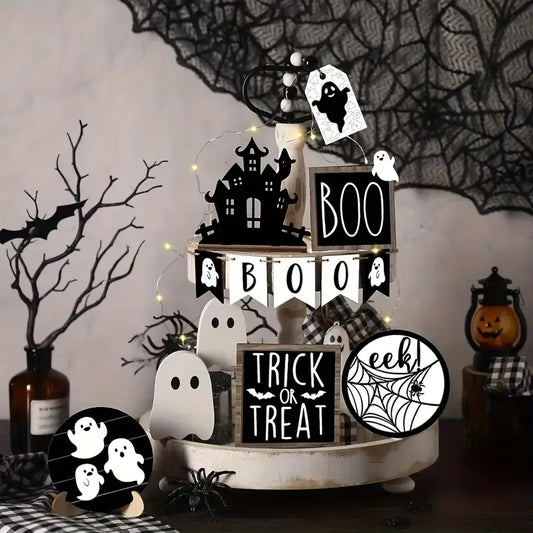 Halloween Layered Tray Decor Set, Classic Farmhouse Style Wooden Signs with Striped Ghost Pattern - Unfinished Manufactured Wood Animal Themed Pieces for Home Table, Room, Kitchen Party Decorations (Tray Not Included)