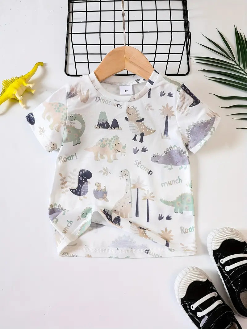 Toddler Boys Cute Dinosaur Print T-shirt Crew Neck Short Sleeve Tees, Kids Clothing For Summer