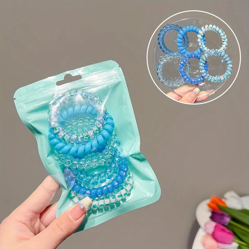 6pcs Candy Color Flower Print Spiral Hair Tie Jelly Color Hair Rope Waterproof Sweet Ponytail Holder Hair Accessories Women