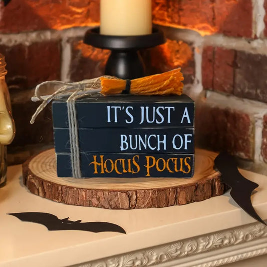 Halloween Mini Witch Broom & Book Decor - Rustic Solid Wood Ornament, 11.99cm X 8.99cm X 4.5cm, Polished Finish For Home & Party