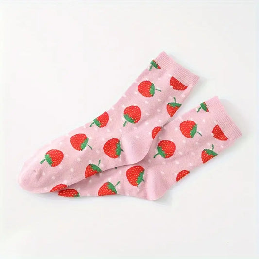 Strawberry & Polka Dot Socks, Cute & Sweet Mid Tube Socks, Women's Stockings & Hosiery For Fall