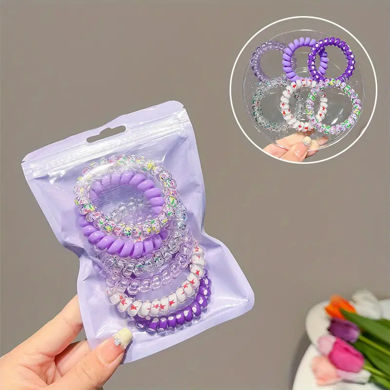 6pcs Candy Color Flower Print Spiral Hair Tie Jelly Color Hair Rope Waterproof Sweet Ponytail Holder Hair Accessories Women