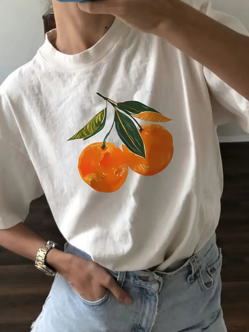 Orange Print T-shirt, Short Sleeve Crew Neck Casual Top For Summer & Spring, Women's Clothing