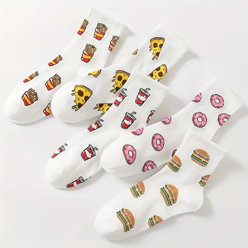 5 Pairs Cute Snack Pattern Versatile Socks, Comfy & Breathable Mid Tube Socks, Women's Stockings & Hosiery