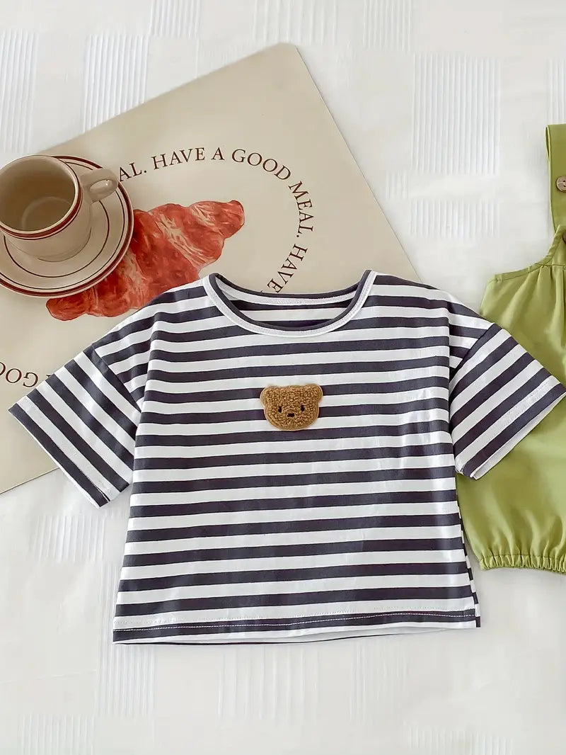 Toddler Boys' Relaxed Fit Striped Short Sleeve Knit Cotton T-Shirt With Cute Bear Patch, Casual Summer Style For Kids