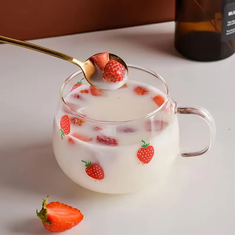 1pc Strawberry Glass Cup - 400ml Oatmeal Design, Durable & Stylish, Serves Hot & Cold Beverages Perfect for Summer & Winter, Versatile Drinkware for Coffee, Juice, Milk, Tea & More