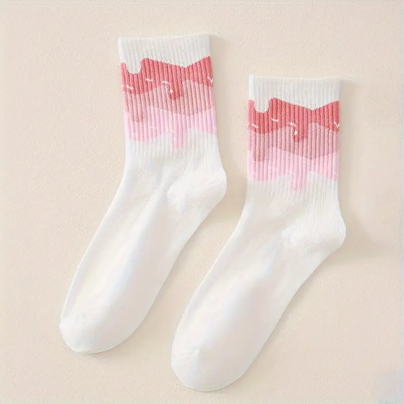 1 Pair Versatile Patchwork Gradient Pink Socks, Comfy & Breathable Mid Tube Socks, Women's Stockings & Hosiery - For Fall & Winter