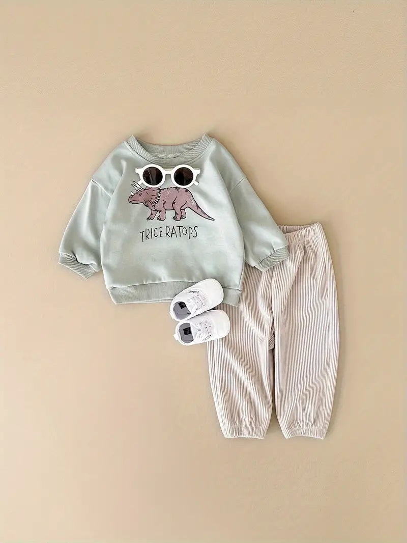 Baby's Cartoon Dinosaur Print 2pcs Casual Outfit, Drop Shoulder Sweatshirt & Sweatpants Set, Toddler & Infant Boy's Clothes For Spring And Autumn