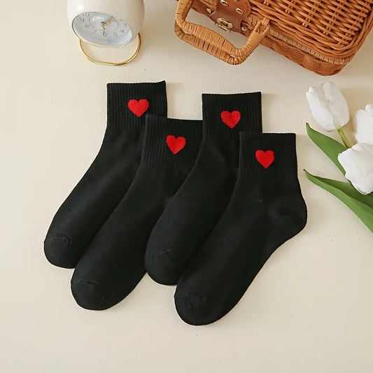 2 Pairs Red Heart Pattern Black Bottom Socks, Comfy Elastic Ribbed Unisex Mid Tube Socks, Women's Stockings & Hosiery