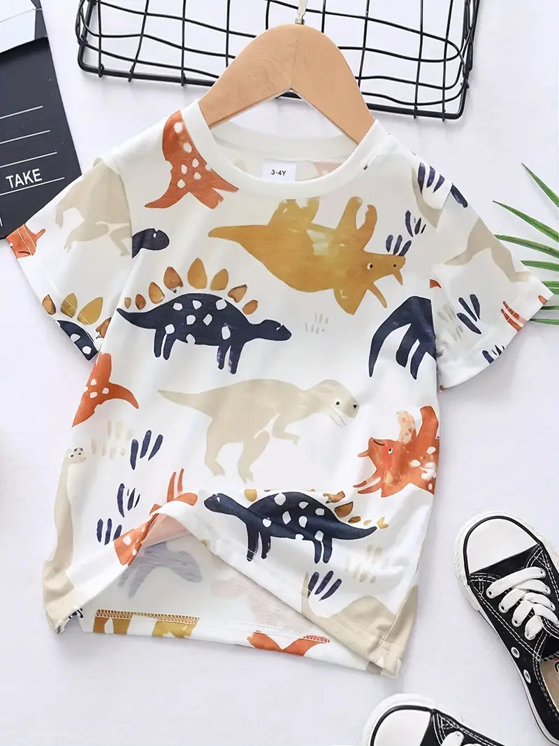 Toddler Boys Cute Dinosaur Print T-shirt Crew Neck Short Sleeve Tees, Kids Clothing For Summer