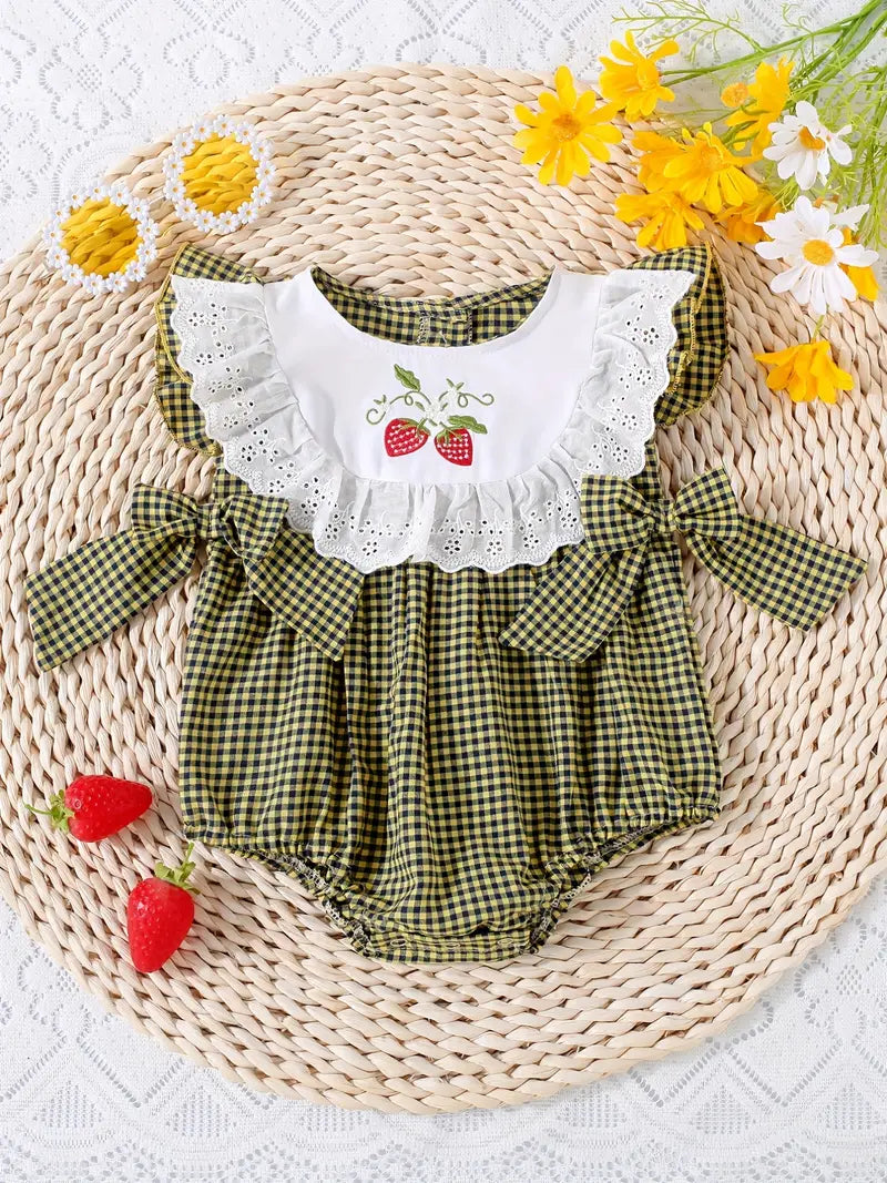 Strawberry Embroidered Bowknot Onesie - Plaid Ruffle Trim - Perfect for Everyday and Special Occasions