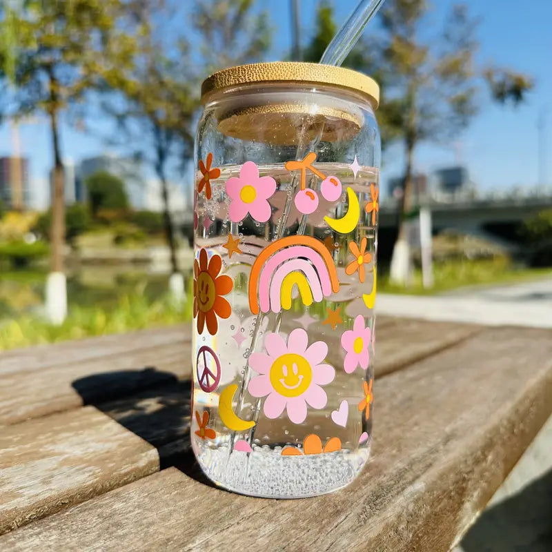 1pc Colorful Sun Printed Tumbler With Bamboo Lid, Straw - 16.9oz/500ml Great For Cocktails, Whiskey And Coffee - Ideal Gift