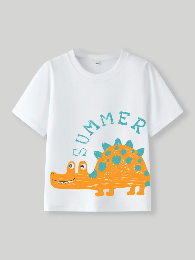 Baby Boys Summer Pure Cotton T-Shirt, Cute Style With Cartoon Dinosaur Print, Soft And Breathable Fabric, Short Sleeves, Round Neck, Toddler Tops