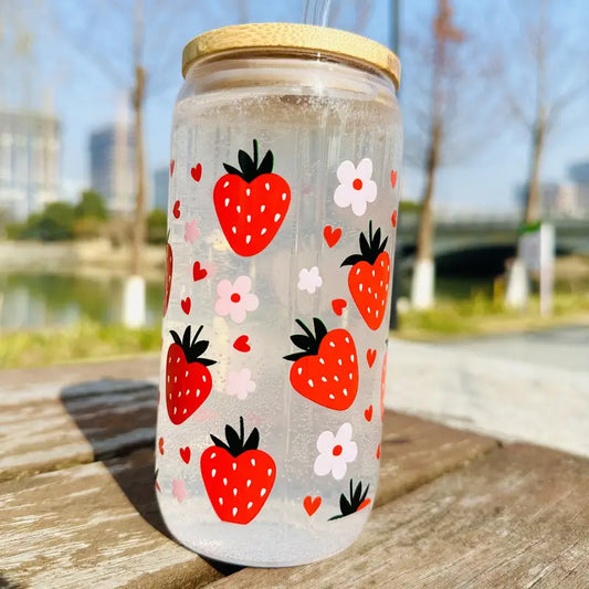 500ml Strawberry Pattern Water Glass, Outdoor Camping Tumbler With Lid And Straw, Jar Shape Water Glass For Beer, Juice, Milk