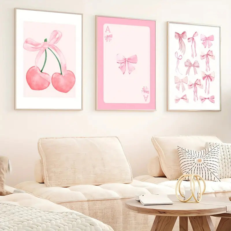 3pcs Unframed Canvas Poster, Modern Art, Pink Cherry Bows Trendy Poster, Ideal Gift For Bedroom Living Room Corridor, Wall Art, Wall Decor, Winter Decor, Room Decoration