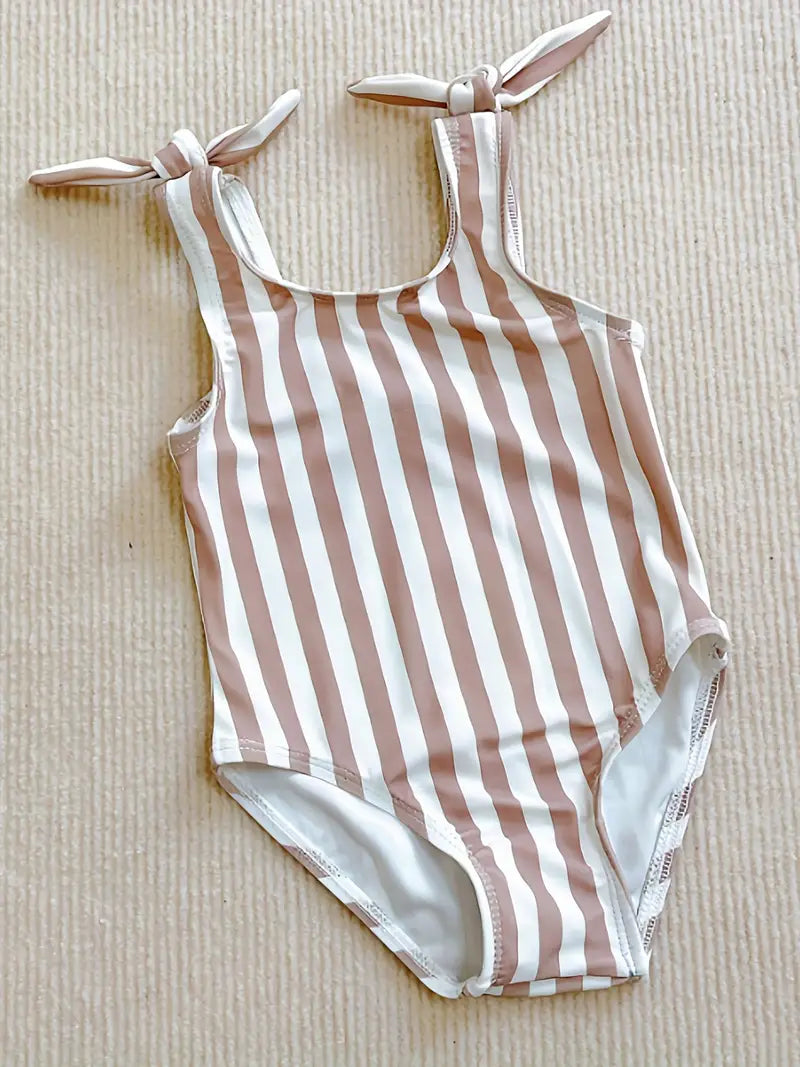 Adorable One-Piece Girls Striped Swimsuit - Soft & Breathable Sleeveless Design for Trendy Summer Fun at the Beach or Pool