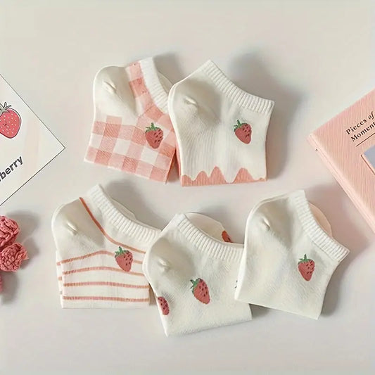 5 Pairs Strawberry & Striped Socks, Cute & Sweet Low Cut Ankle Socks, Women's Stockings & Hosiery