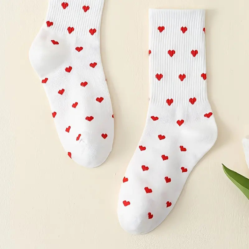 Heart Print Socks, College Style Sports Mid Tube Socks, Women's Stockings & Hosiery For Fall & Winter