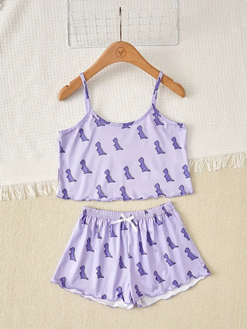 Toddler Girls 2-piece Cute Sets Cartoon Dinosaur Print Sleeveless Vest + Matching Comfy Shorts