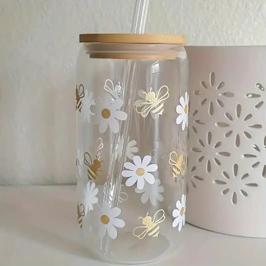 16OZ/500ML Large Daisy Flowers Patterned Glass Drinking Cup with Lid and Straw - Leak Proof, Reusable, Recyclable, Lead-Free - Perfect for Iced Coffee, Tea, Juice, Milk, and Multipurpose Use - Great Gift for Christmas, Mothers Day