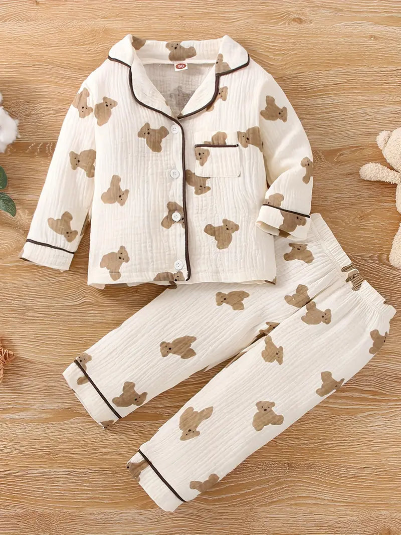 Boys 2pcs Muslin Outfit, Long Sleeve Button Front Top & Pants Set, Bear Print Comfy Casual Set, Boy's Clothes